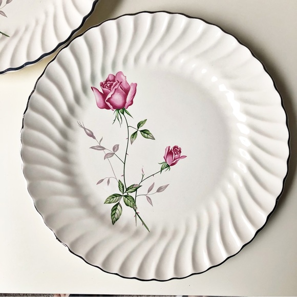 Scio Pottery Dorset Dinner Plates Set of 2 Pink Roses Pattern USA Mid Century - Picture 3 of 9